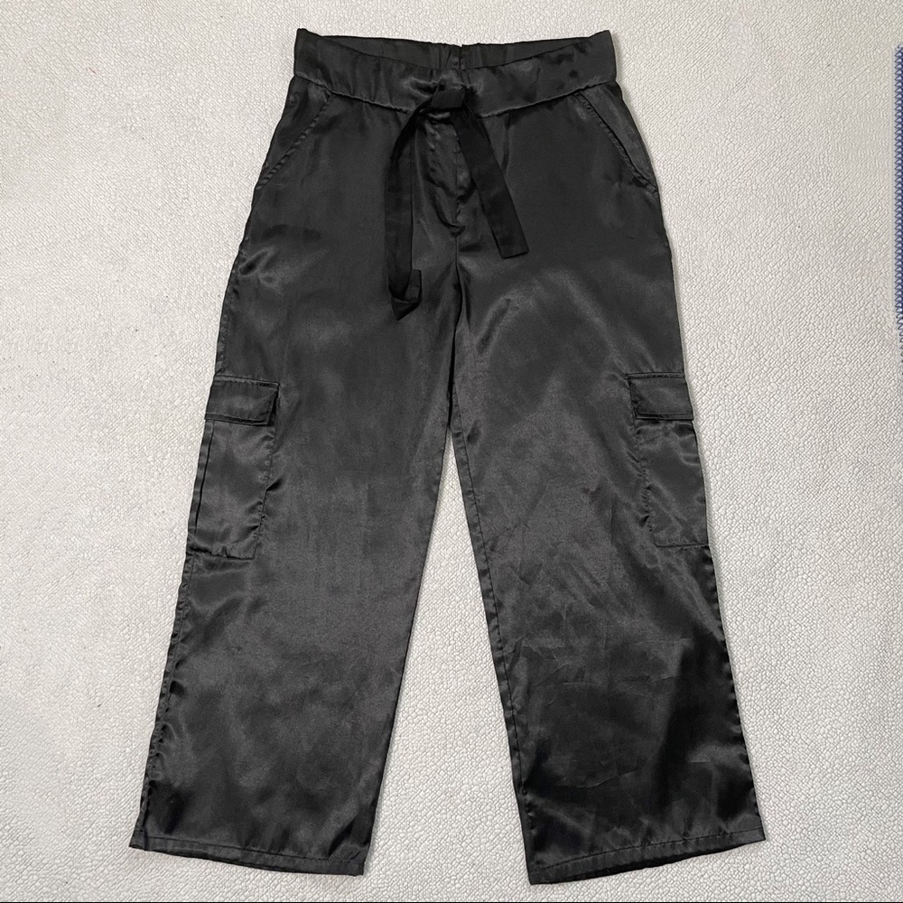 Black Wide Leg Silky Soft Cargo Pants, Size XS